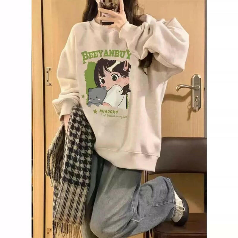 Long-sleeved Sweater Women's Fleece-lined Idle Style Round Neck Cartoon Printing