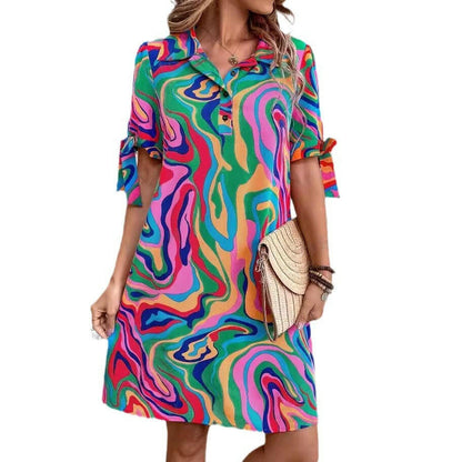 Fluid Print Shirt Dress Half Sleeve Bow Casual