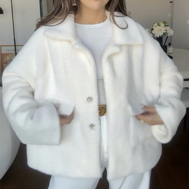 Women’s Furry Lapel Fleece Coat – Winter Jacket
