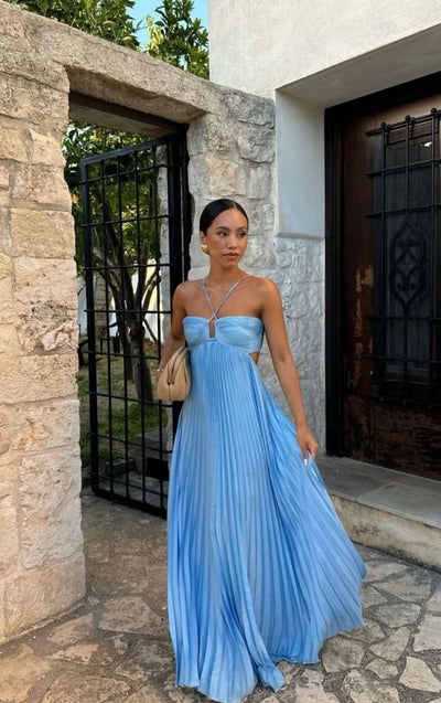 Pleated Halter Sling Dress for Women – High Waist Evening & Party Wear