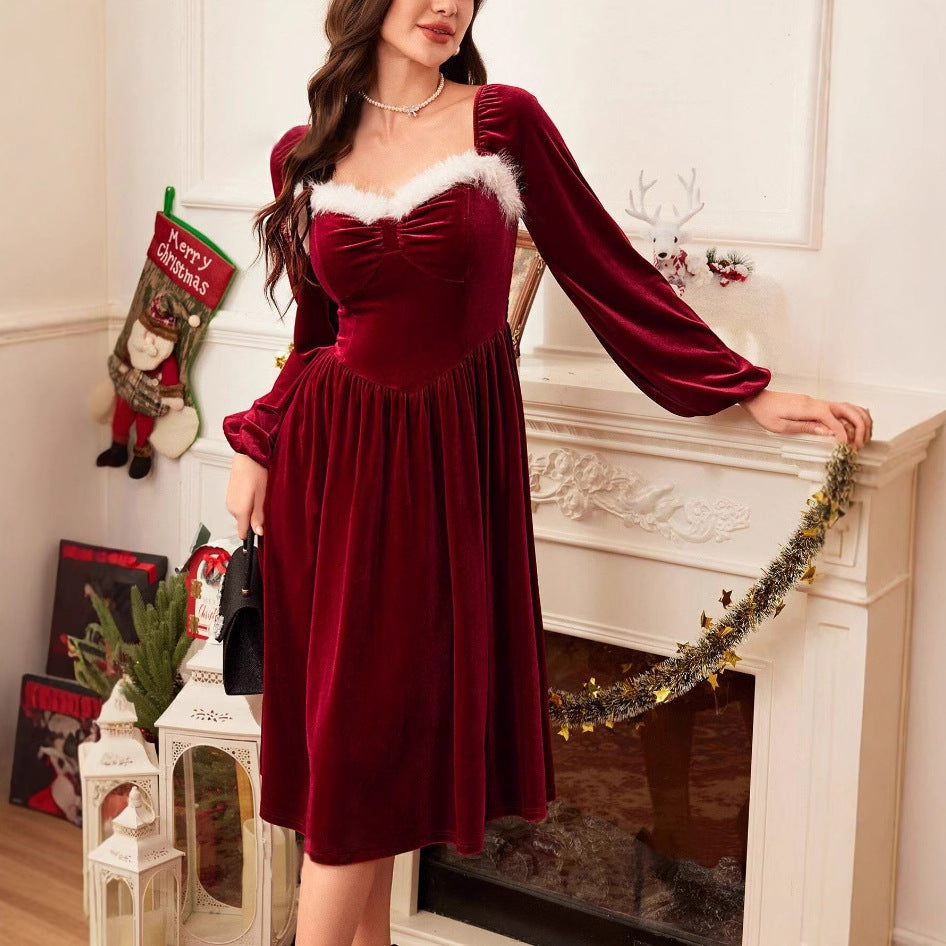 Vintage Christmas Party Long Sleeve Red Velvet Dress