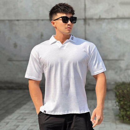 Loose Cotton Lapel Embroidered Thick T-shirt