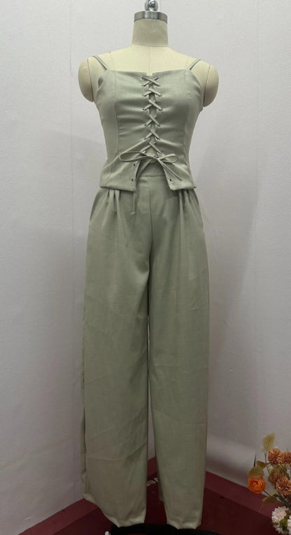 Hollow Out Strap Top Casual Wide Leg Pants Suit