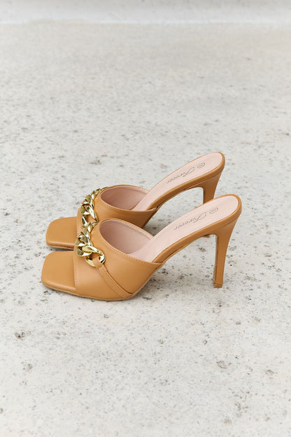 Forever Link Single Strap Chain Detail Mule Heels in Tan