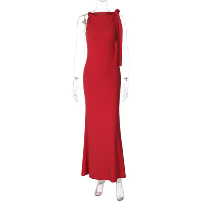 One-shoulder Ribbon Long Dress Ins Fashion Slim Sleeveless Dresses