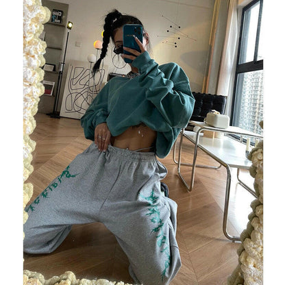 Women's Hip Hop Loose Retro Print Grey Sweatpants