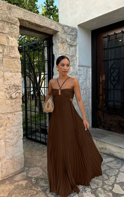 Pleated Halter Sling Dress for Women – High Waist Evening & Party Wear