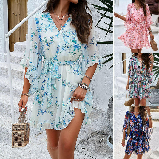 Floral Print Short Sleeve Dress: V-neck, Lace-Up Ruffles