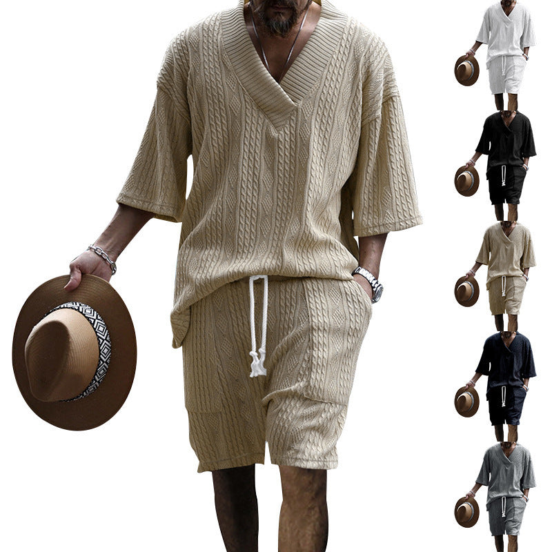 Men's Casual Loose Jacquard Knitwear Shorts Suit