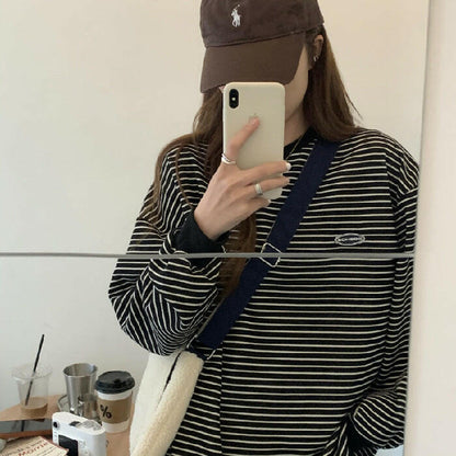 Thin Striped Long-sleeved Sweater Loose Round Neck Pullover