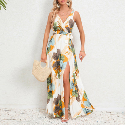 Summer Dress Fashion with Waist Tie and Slit Detail