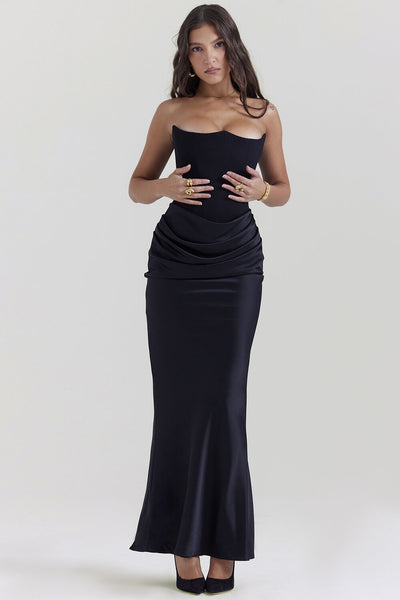 Off-Shoulder Slimming Fishbone Silk Dress – Elegant Black Statement