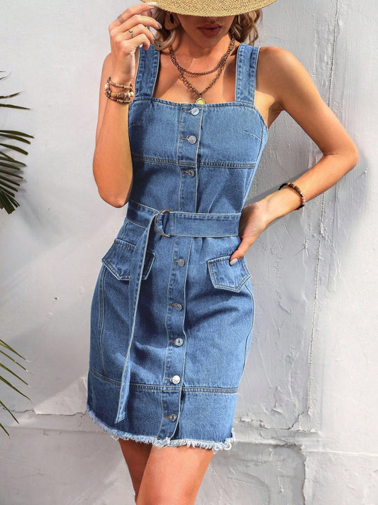 Button Up Raw Hem Denim Dress