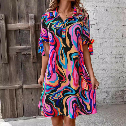 Fluid Print Shirt Dress Half Sleeve Bow Casual