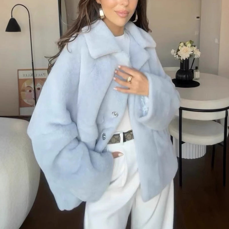 Women’s Furry Lapel Fleece Coat – Winter Jacket
