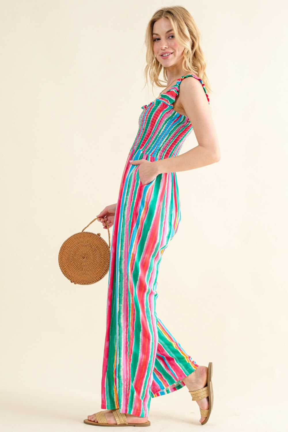 Full Size Striped Smocked Sleeveless Jumpsuit