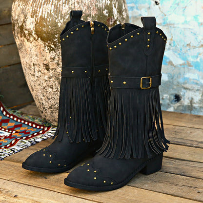 Studded Fringe Block Heel Boots