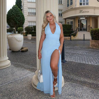 Sexy Halterneck V-neck Slit Dress Summer Backless Strappy Skirt