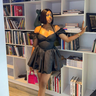 Off-shoulder Halterneck Skirt Puff Sleeve Dress