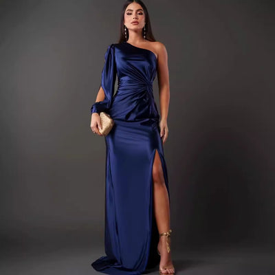 One-Shoulder Split Long Dress – Elegant Socialite Style