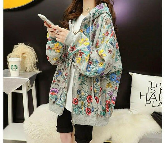 Women Plus Velvet Thick Hooded Hoodies Casual Loose Floral Print