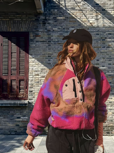Loose Lapels Stitching Contrast Color Fleece Sweater
