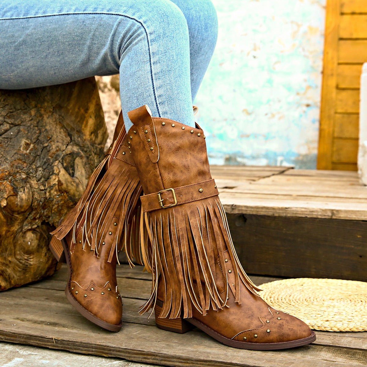 Studded Fringe Block Heel Boots