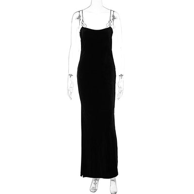 Solid Color Suede Side Hollow Sexy Stitching Steel Ring Sling Dress