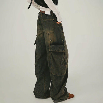 Retro Distressed Workwear Denim Women's High Waist Loose Wide Leg Trousers