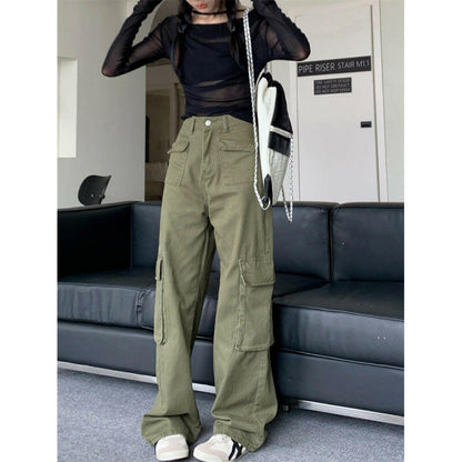 Retro Three-dimensional Pocket Army Green Straight Cargo Pants