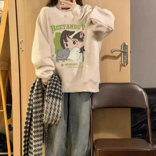 Long-sleeved Sweater Women's Fleece-lined Idle Style Round Neck Cartoon Printing