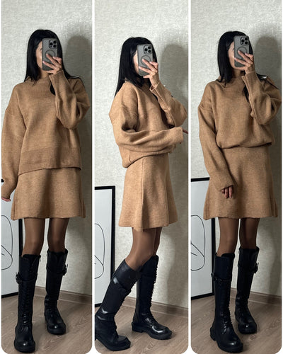 2-Piece Knit Sweater Skirt Set for Women – Long Sleeve Top & High-Waist Mini Skirt