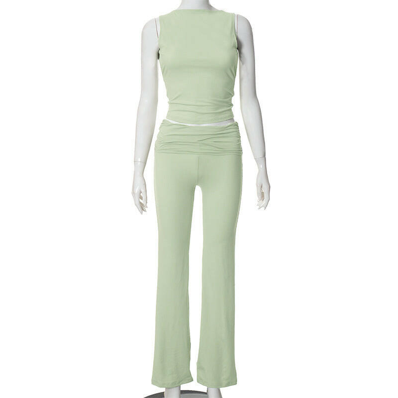 New Fashion Solid Color Round Neck Short Sleeves Top High Waist Trousers Suit