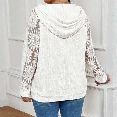 Women's Plus Size Hoodie Lace Long Sleeve Pullover Top, Fall Casual Drawstring Sweatshirt