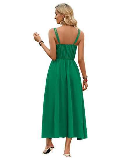 Solid Color Suspender Long Dress: Bow Waist Tie Design