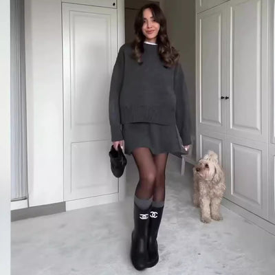 2-Piece Knit Sweater Skirt Set for Women – Long Sleeve Top & High-Waist Mini Skirt