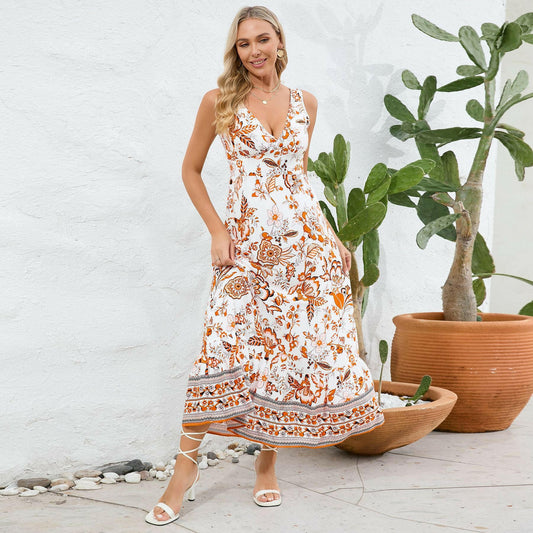 Floral Print V-neck Sleeveless Long Dress: Summer Slim Fit Fashion