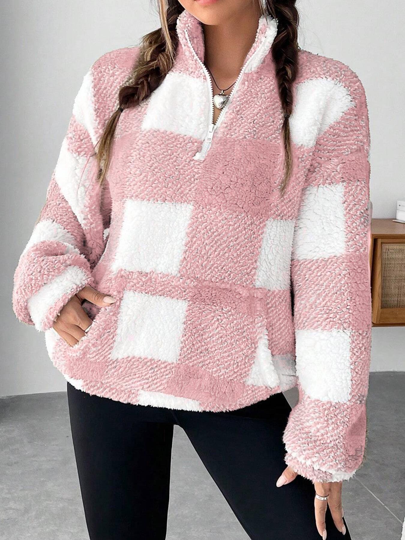 Women's Short Plaid Half-open Collar Plush Sweater