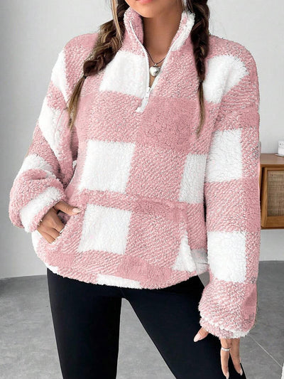 Women's Short Plaid Half-open Collar Plush Sweater