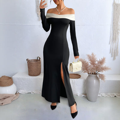 Female One Shoulder Patchwork Slim Long Dress