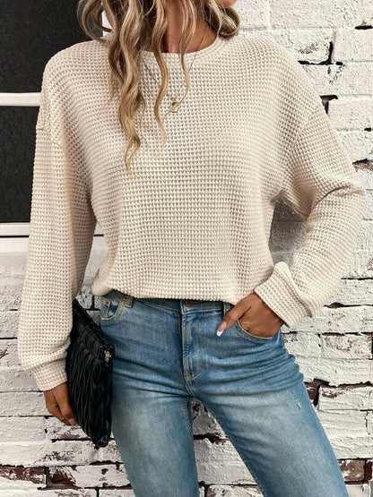 Waffle-Knit Round Neck Long Sleeve T-Shirt