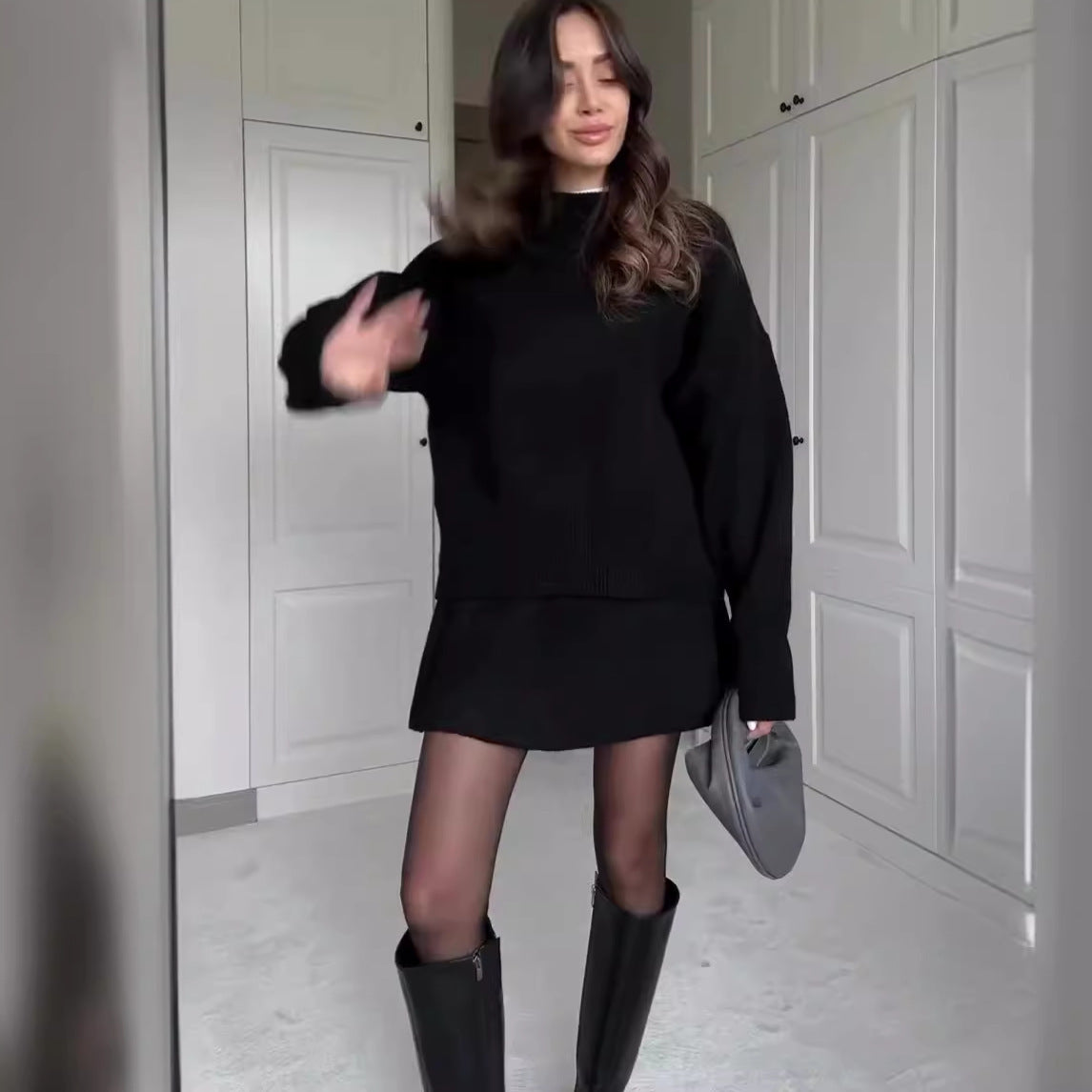 2-Piece Knit Sweater Skirt Set for Women – Long Sleeve Top & High-Waist Mini Skirt