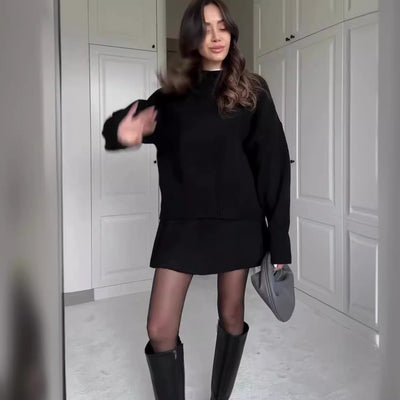 2-Piece Knit Sweater Skirt Set for Women – Long Sleeve Top & High-Waist Mini Skirt