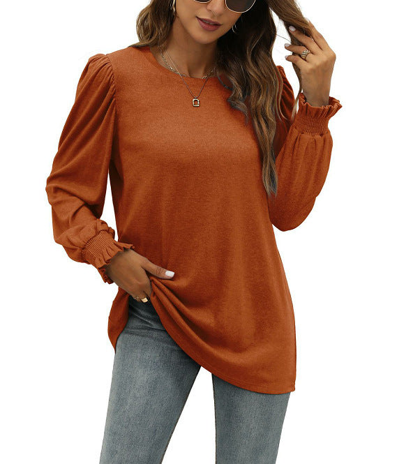Round Neck Puff Sleeve Long Women's Clothing Top