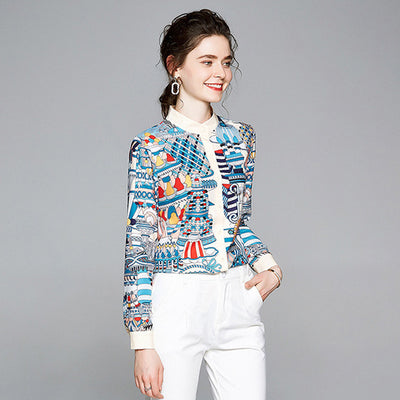 Women's Neck Single Breasted Long Sleeve Printed Shirt