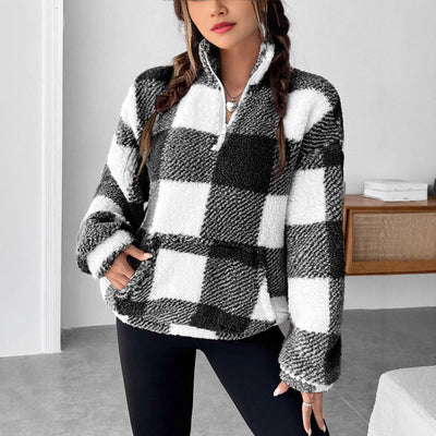 Women's Short Plaid Half-open Collar Plush Sweater