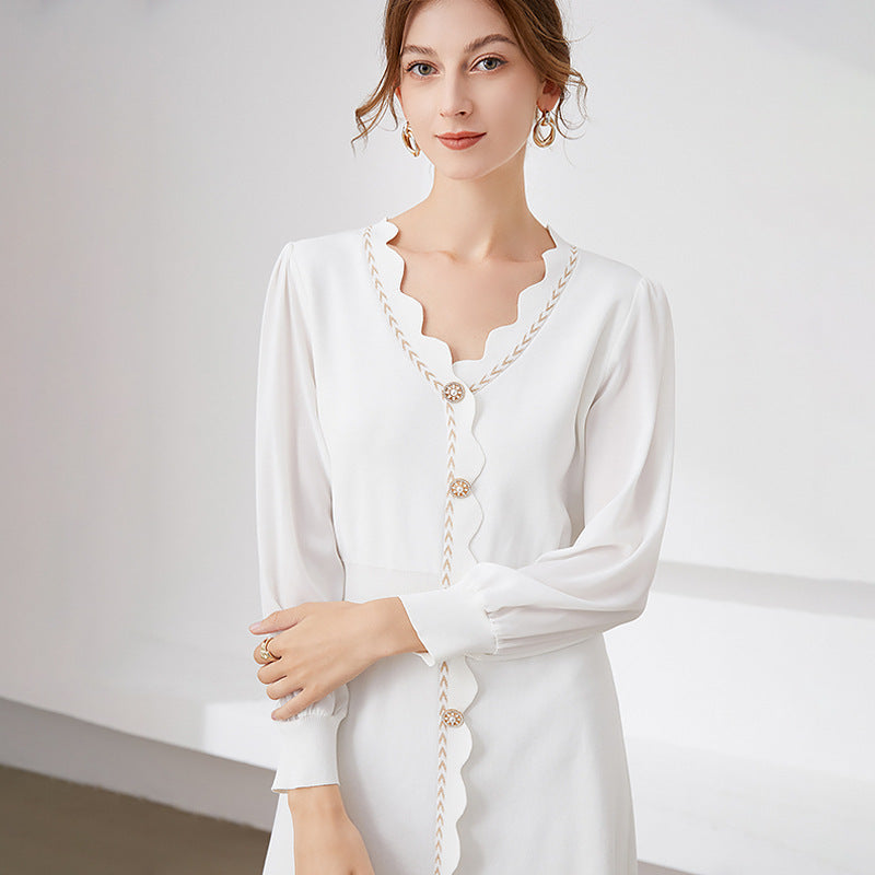 Women's New V-neck Mid-length Chiffon Stitching Skirt Is Sweet