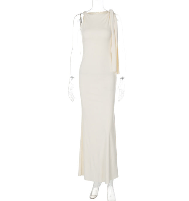One-shoulder Ribbon Long Dress Ins Fashion Slim Sleeveless Dresses