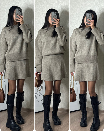 2-Piece Knit Sweater Skirt Set for Women – Long Sleeve Top & High-Waist Mini Skirt