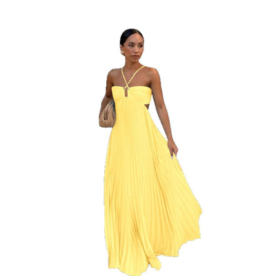 Pleated Halter Sling Dress for Women – High Waist Evening & Party Wear